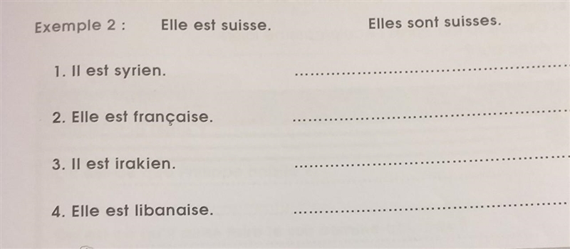 Exemple 2: Elle est suisse. 1. Il est syrien. 2. Elle est française. 3. Il est irakien-example-1