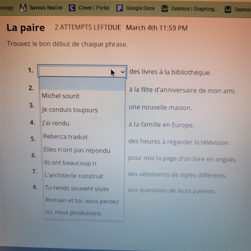 La paire trouvez le bon début de chaque phrase​-example-1