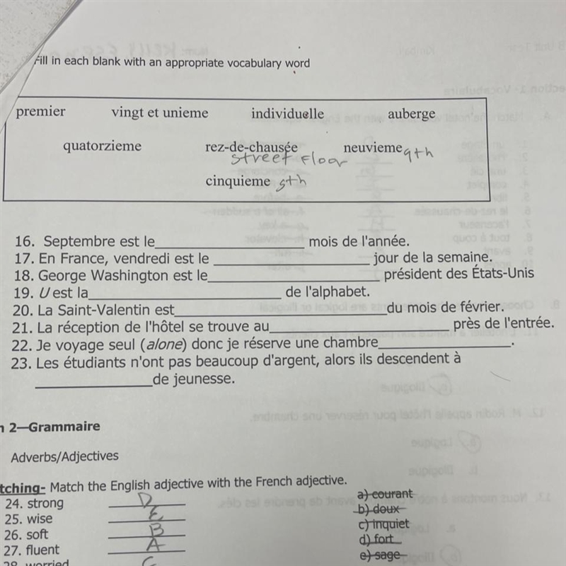 C Fill in each blank with an appropriate vocabulary word premier vingt et unieme quatorzieme-example-1