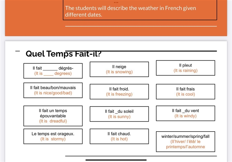 Directions: The students will describe the weather in French given different dates-example-1