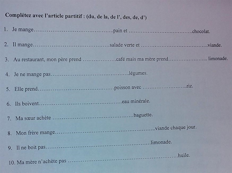 Complete with the partitive articles (du,de la,de l',des,de,d') in (french)​-example-1