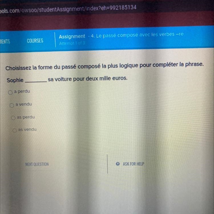 Choisissez la forme du passé composé la plus logique pour compléter la phrase. Sophie-example-1