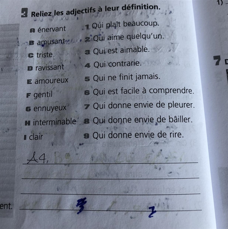 Hello can you do my French homework (photo) Reliez les adjectifs à leur définition-example-1