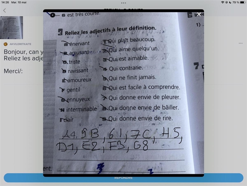 Bonjour, can you please do my French homework ex3. (Photo) Reliez les adjectifs à leur-example-1