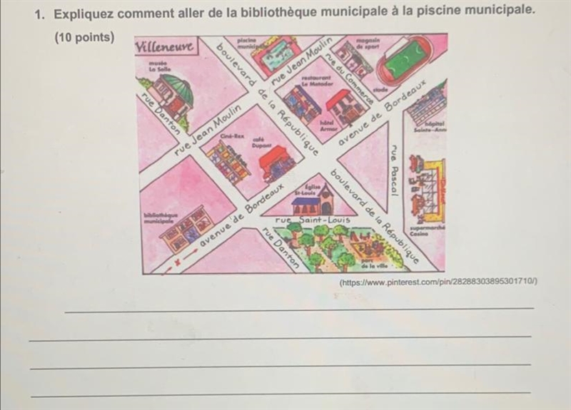 1. Expliquez comment aller de la bibliothèque municipale à la piscine municipale.-example-1