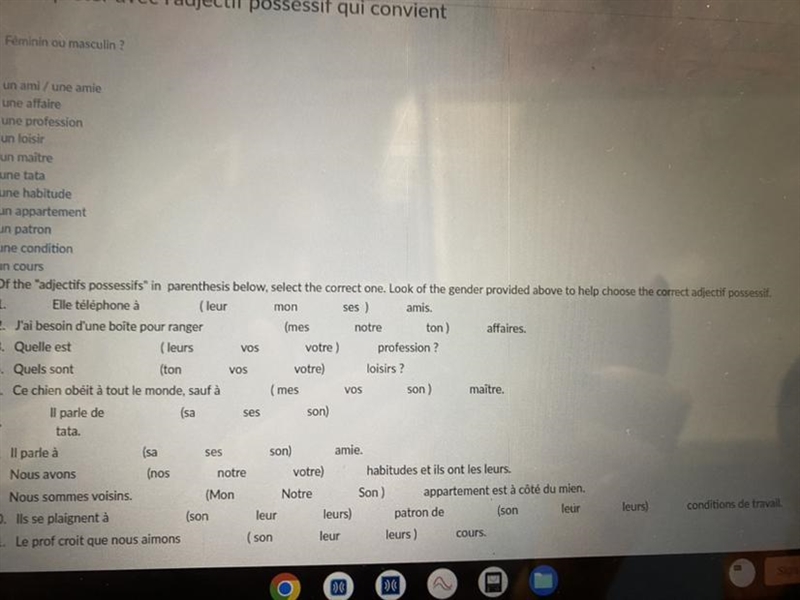 I need help with French homework Les adjectifs possessifs-example-1
