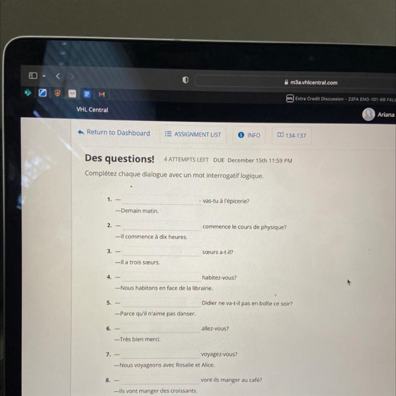 Complétez chaque dialogue avec un mot interrogatif logique. 1. 2. 3. 5. 6. 7. -Demain-example-1