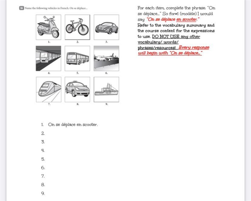 For each item, complete the phrase: “On se déplace...” So for#1 (modèle) I would say-example-1