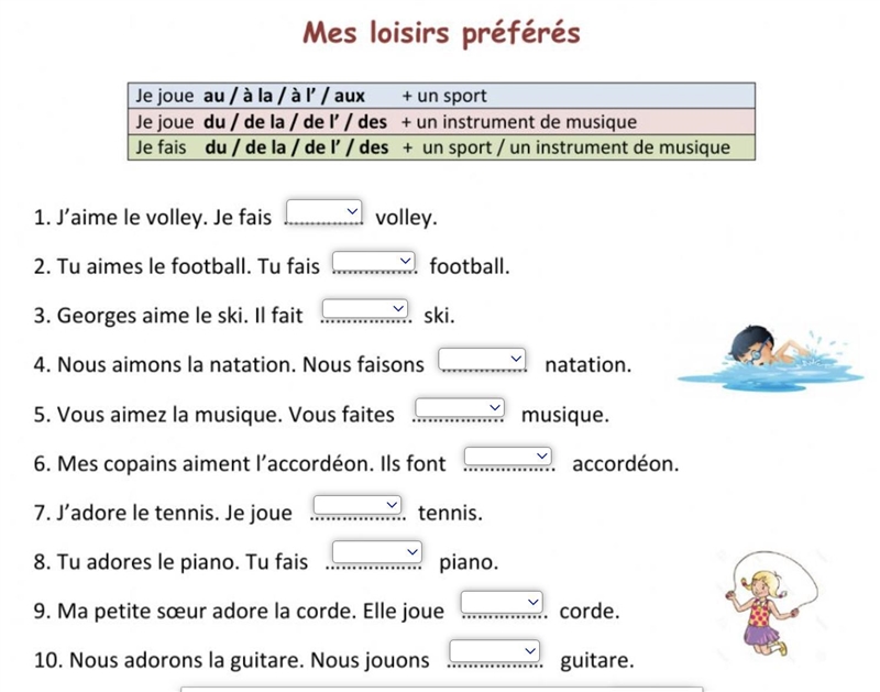 E joue au / à la / à l’ / aux + un sport Je joue du / de la / de l’ / des + un instrument-example-1