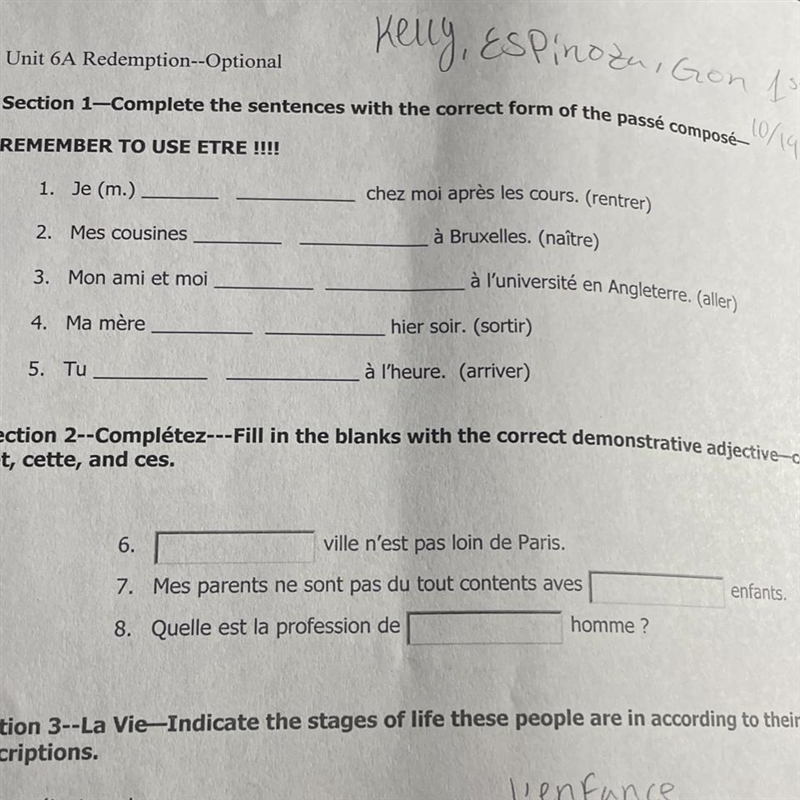 Section 1-Complete the sentences with the correct form of the passé composé- REMEMBER-example-1