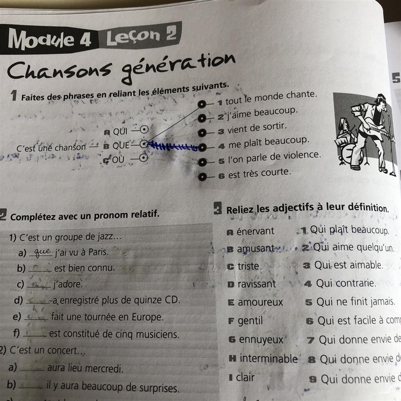 Bonjour HELP!!!! French homework 1. Faites des phrases en reliant les éléments suivants-example-1