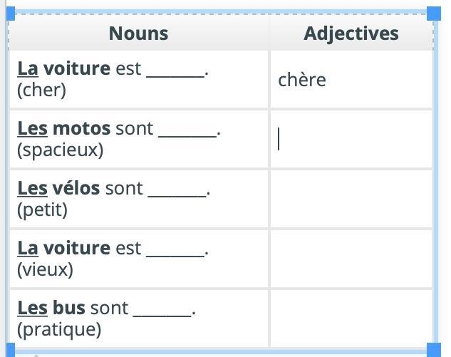 French grammar! La voiture est _______. (cher)chèreLes motos sont _______. (spacieux-example-1