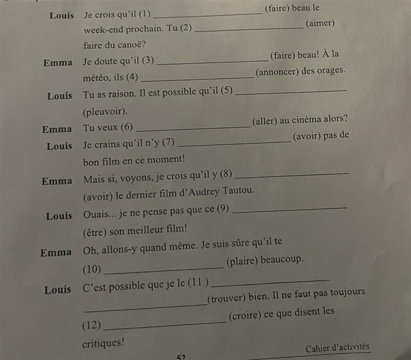 Complète la conversation entre Emma et Louis. Louis- Je crois qu'il (1) __ (faire-example-1