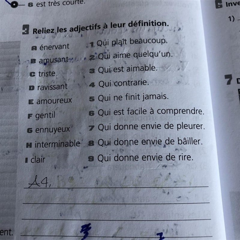 Bonjour, can you please do my French homework ex3. (Photo) Reliez les adjectifs à leur-example-1