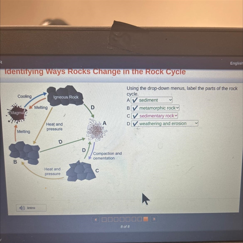 Using the drop-down menus, label the parts of the rock cycle.-example-1