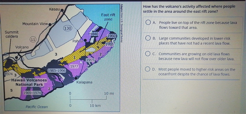 The map shows the hazard zones for lava flows from the Kilauea volcano. Dark areas-example-1