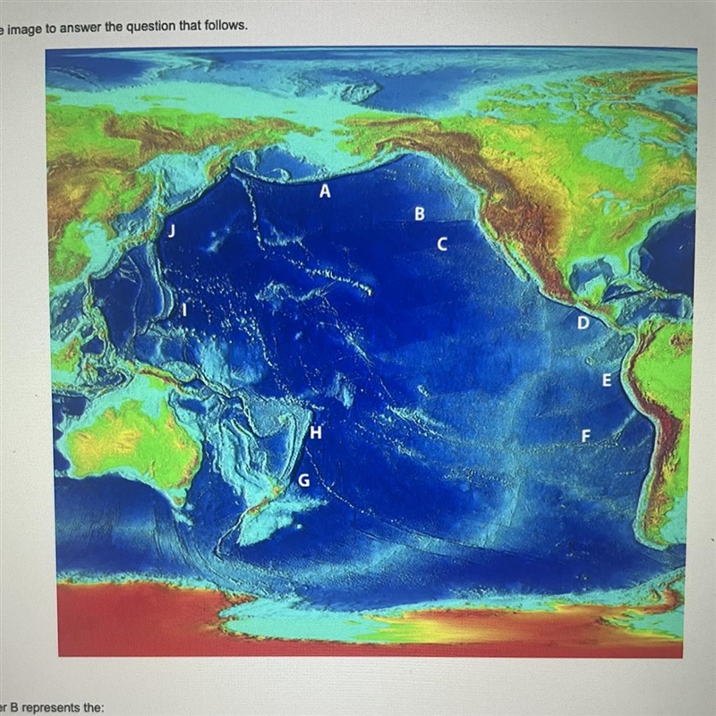 Letter B represents the: A. Mendocino Trench. B. Nazca Ridge. C. Mariana Trench. D-example-1