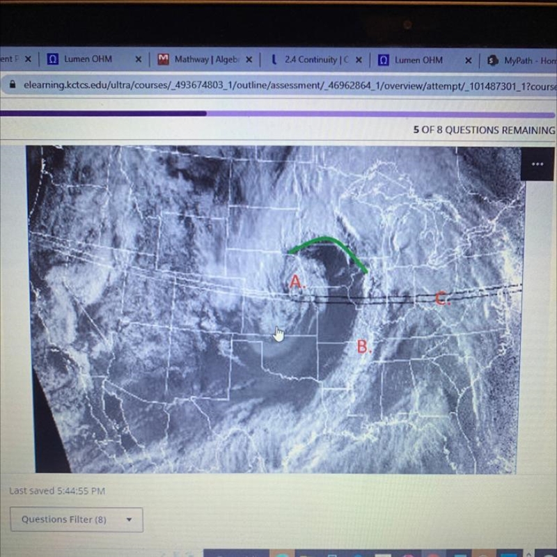 At B you would see stratus clouds. At B you would see cirrus clouds. At B you would-example-1