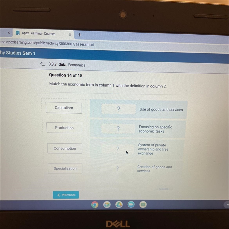 Match the economic term in column 1 with the definition in column 2. Capitalism Production-example-1