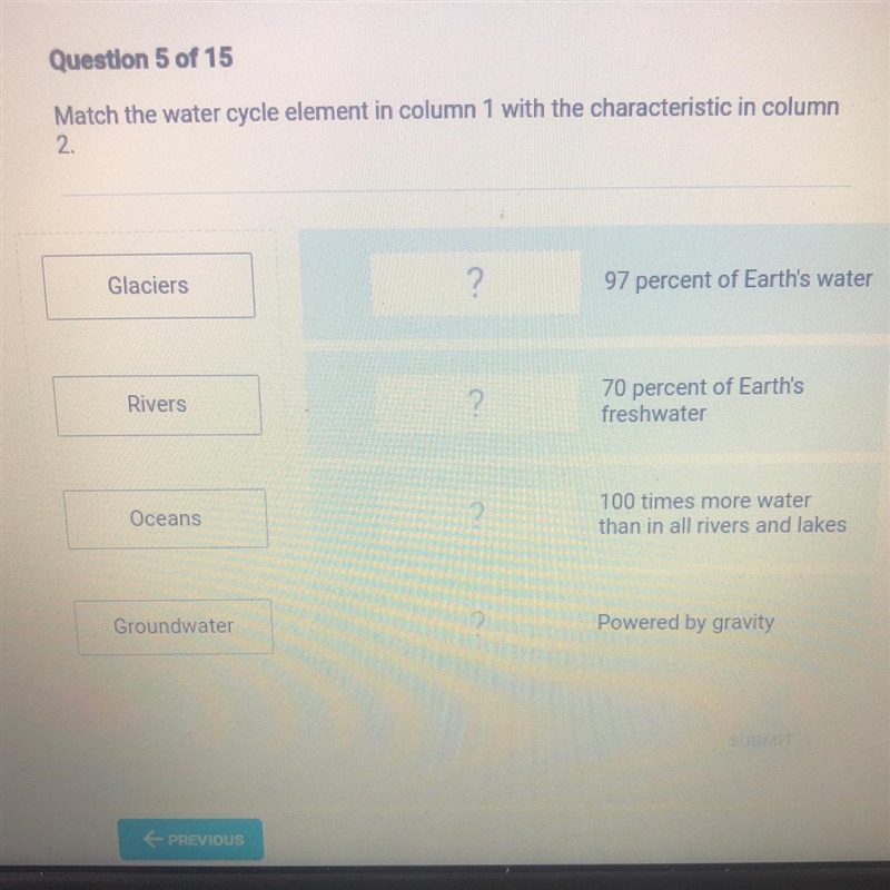 Match the water cycle element in column 1 with the characteristic in column 2. Glaciers-example-1