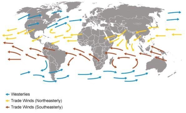 Look at the figure above. From which winds do most tropical storms start? Question-example-1