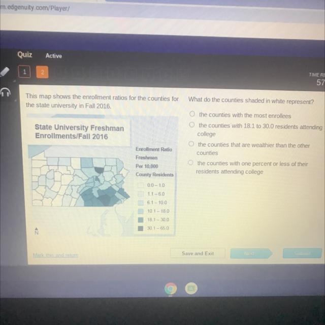 This map shows the enrollment ratios for the counties for the state university in-example-1