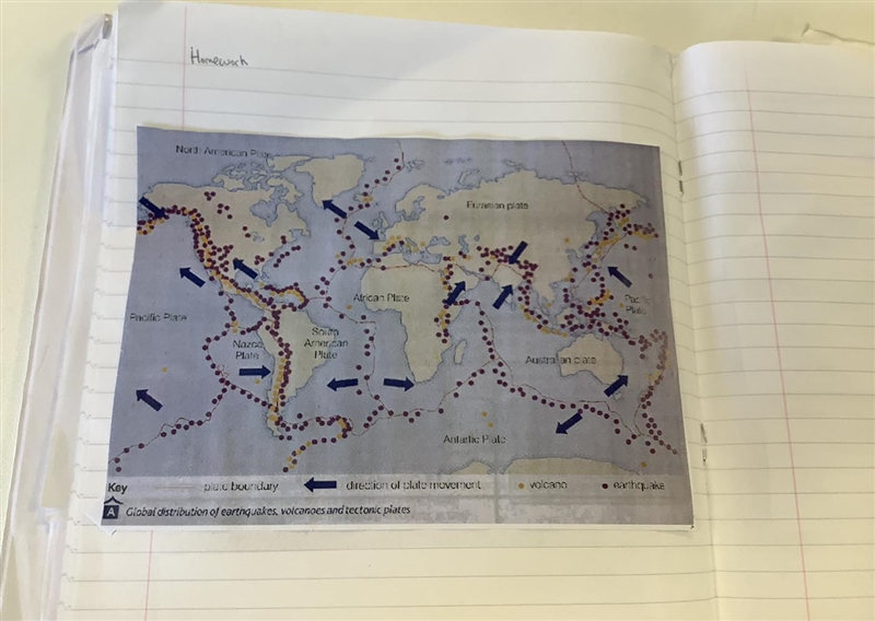 HELP!! USING THE MAP Describe the pattern of earthquakes and volcanoes-example-1