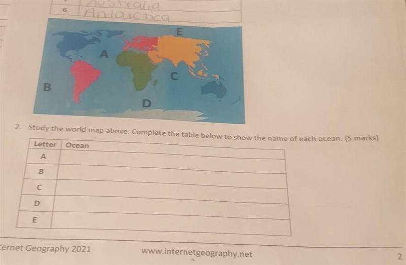 Study the world map above. Complete the table below to show the name of each ocean-example-1