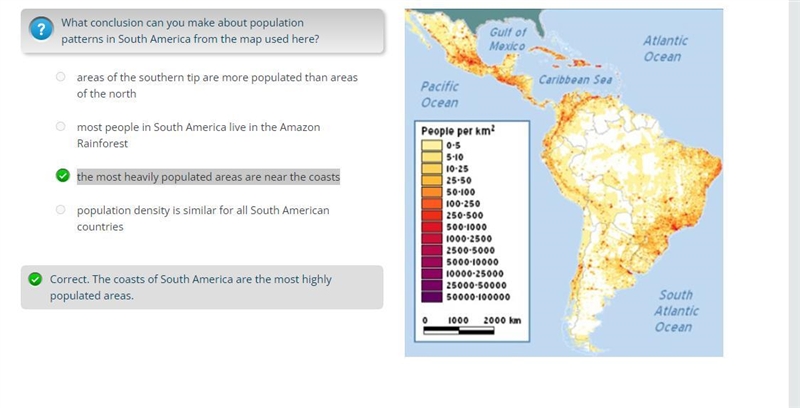 What conclusion can you make about population patterns in south america from the map-example-1