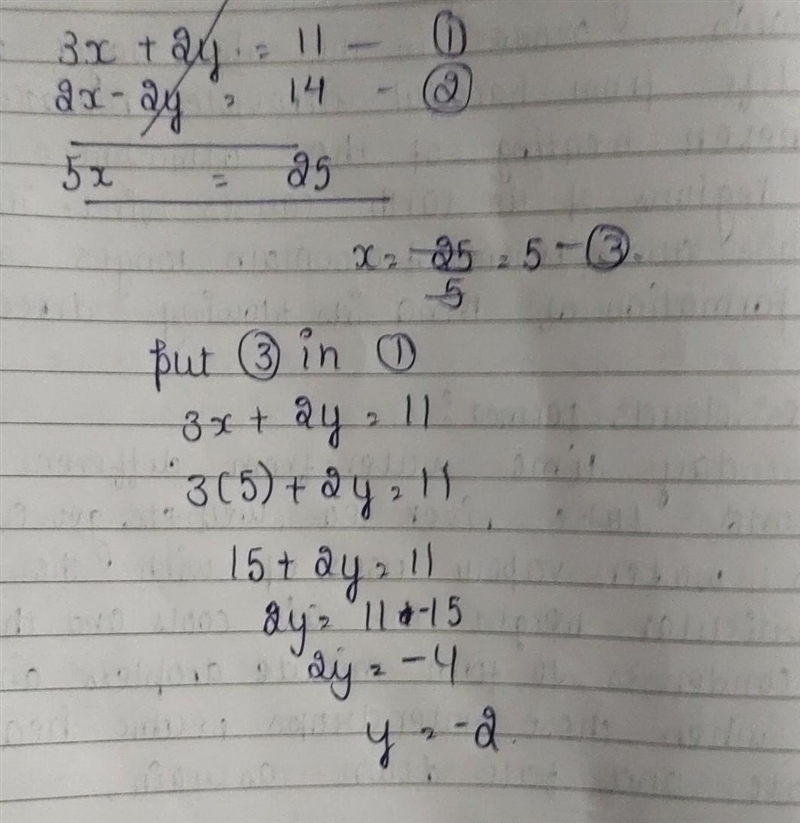 Solve the equation graphically and check the solution. 2x+2y=11. 3x-2y=14-example-1