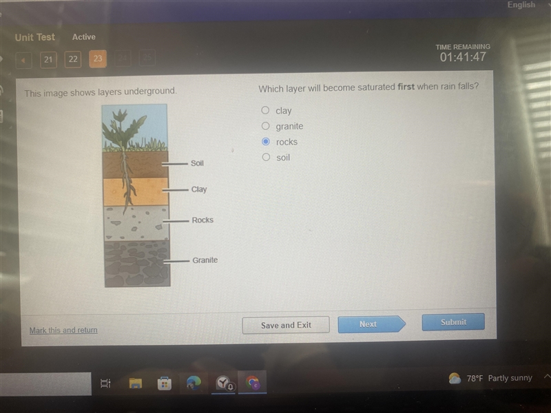 Which layer will become saturated first when rain falls? clay granite rocks soil-example-1