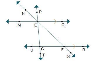 Which represents an exterior angle of triangle EGF? ∠MEG ∠NEG ∠PEQ ∠RFS-example-1