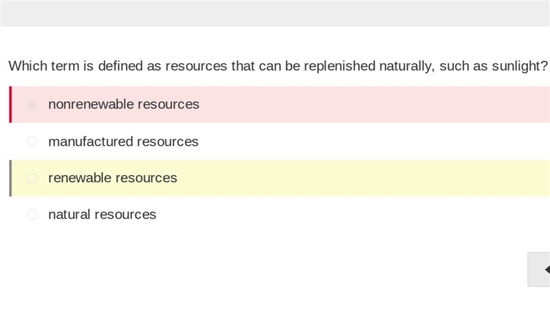 Which term is defined as resources that can be replenished naturally, such as sunlight-example-1