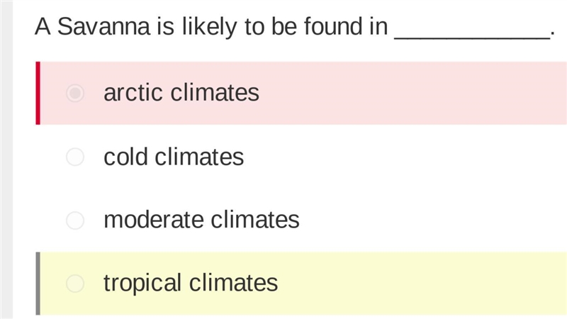 Where is a savanna likely to be found? A. cold climates B. tropical climates C. moderate-example-1