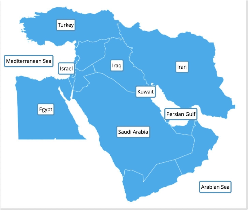 Identify each country or body of water. israelegyptiraniraqsaudi arabiakuwaitturkeypersian-example-1