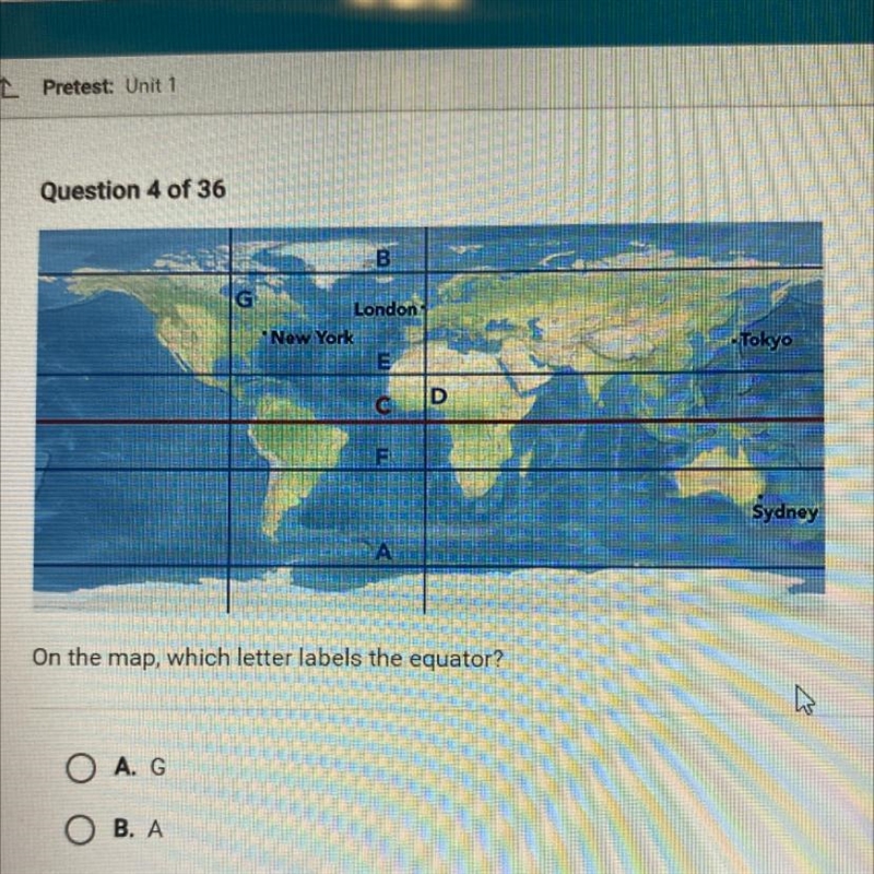 A. G B. A C. D D. C On the map, which letter labels the equator?-example-1