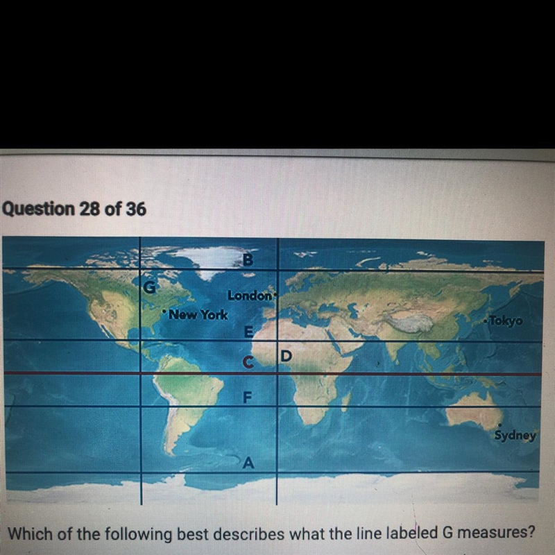 Which of the following best describes what the line labeled G measures? OA. Locations-example-1