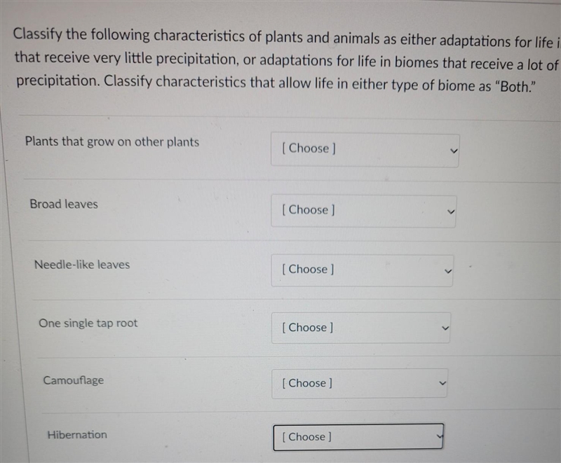 Classify the following characteristics of plants and animals as either adaptations-example-1