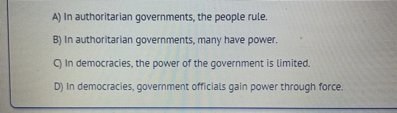 1) What is a difference between an authoritarian government and a democratic government-example-1