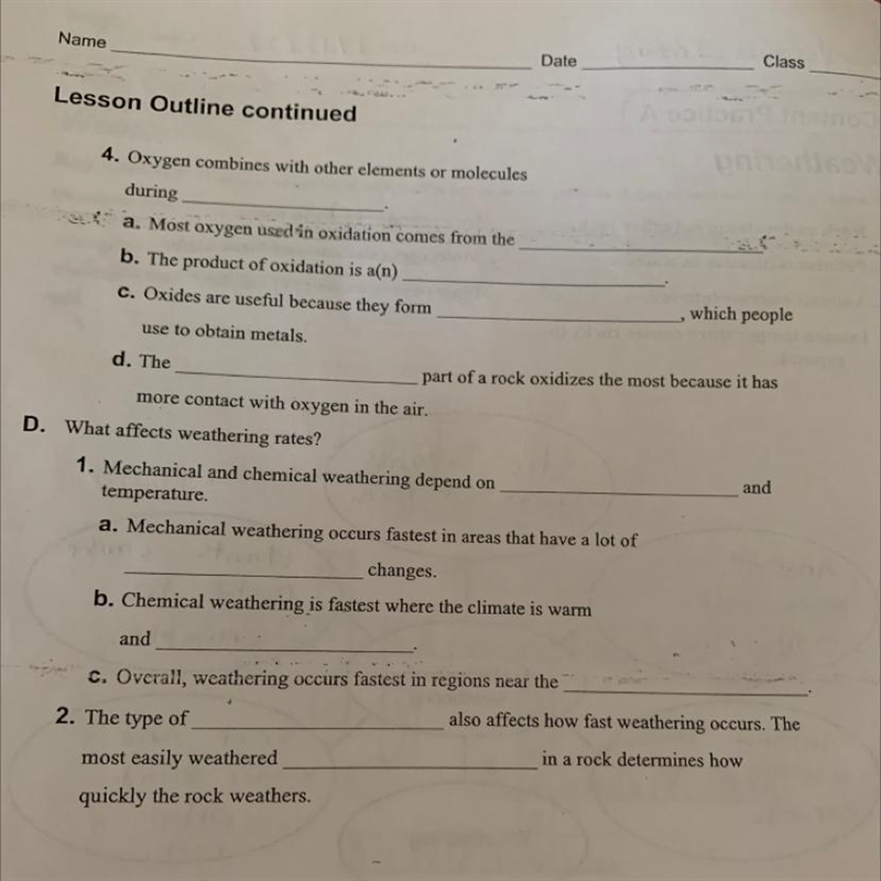 Name Date Class Lesson Outline continued 4. Oxygen combines with other elements or-example-1