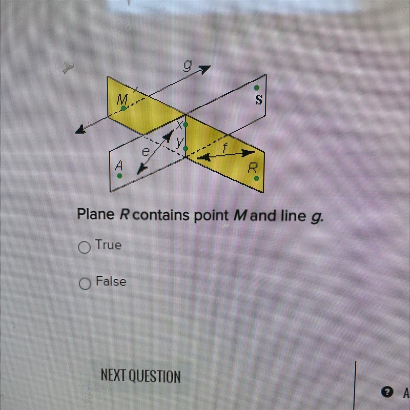 Plane R contains point M and line G. True or false-example-1