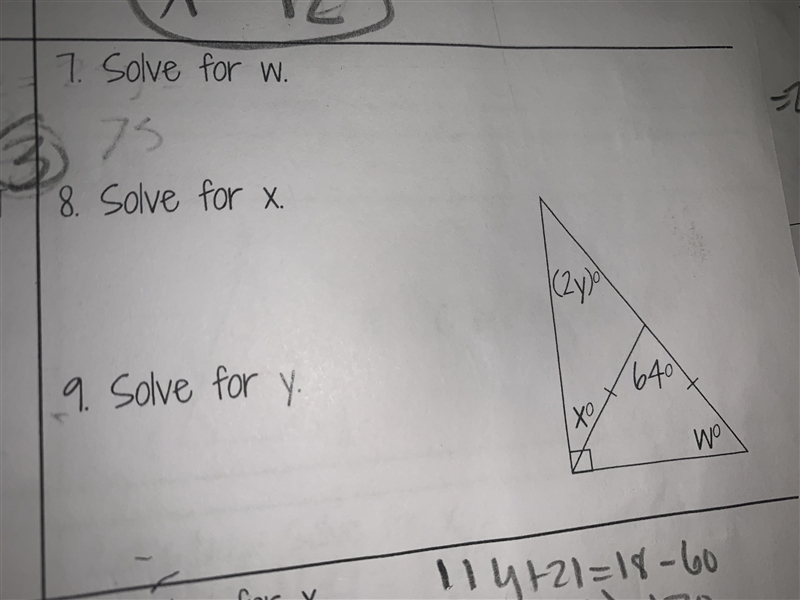 Solve for w, x, and y triangle-example-1