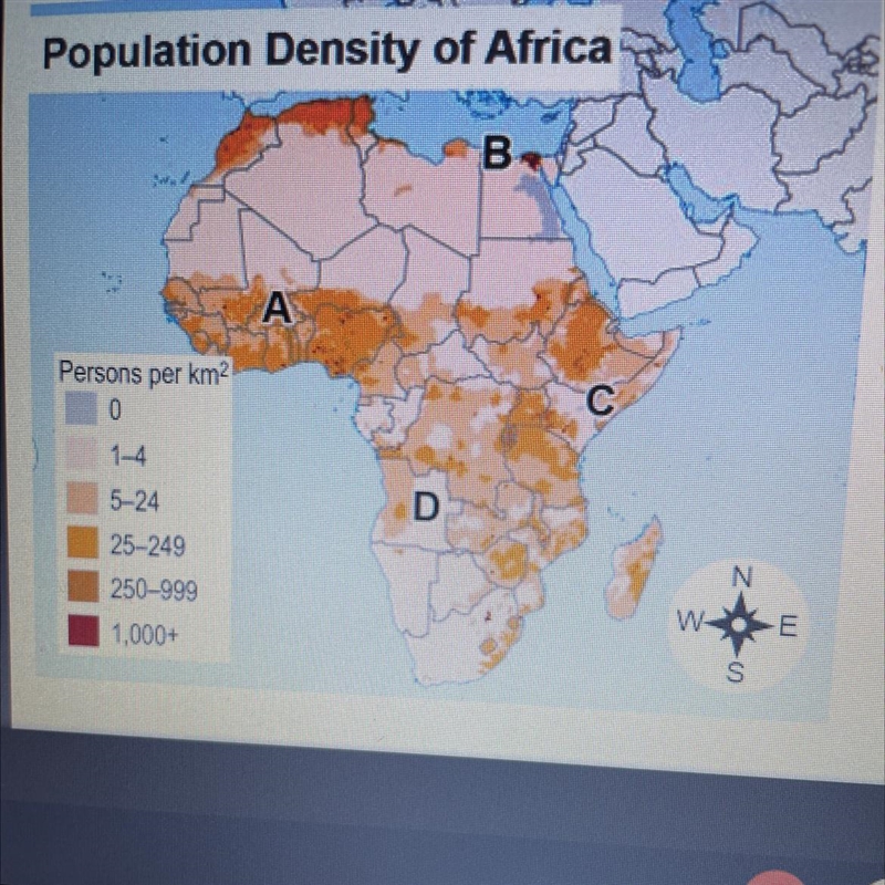 Which region in africa contains the highest population density? O A O B O C O D-example-1