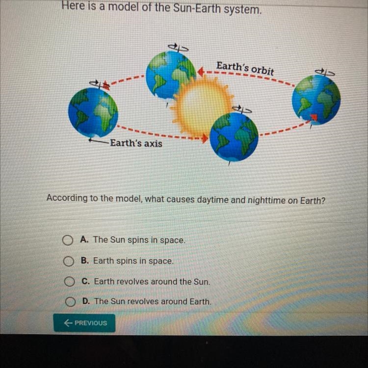 According to the model, what causes daytime and night time on earth?￼-example-1