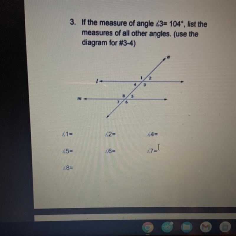 3. If the measure of angle <3= 104°, list the measures of all other angles. (use-example-1