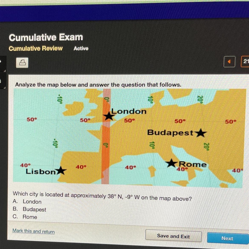 Which city is located at approximately 38° N, -9° W on the map above? A. London B-example-1