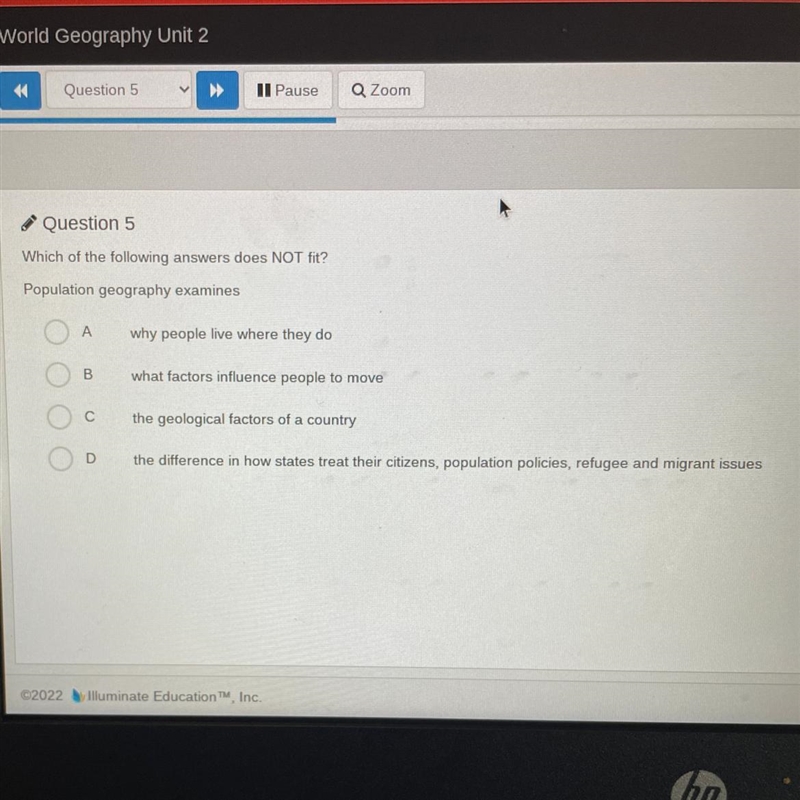 Which of the following answers does NOT fit? Population geography examines-example-1