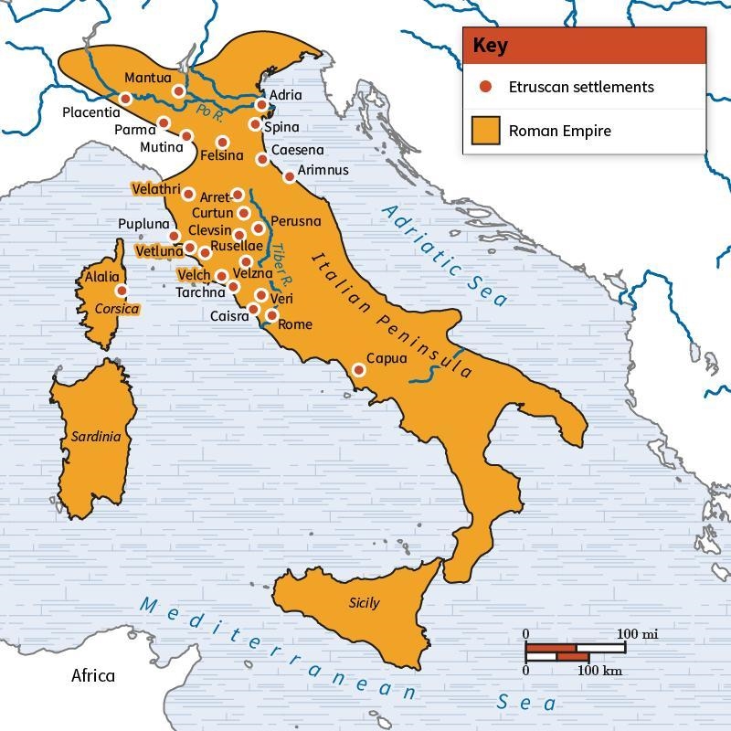 Use the map to determine which of the following statements about Etruscan cities is-example-1