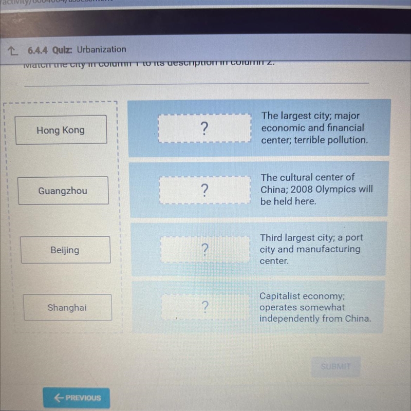 Match the city in column one to its description in column two￼-example-1