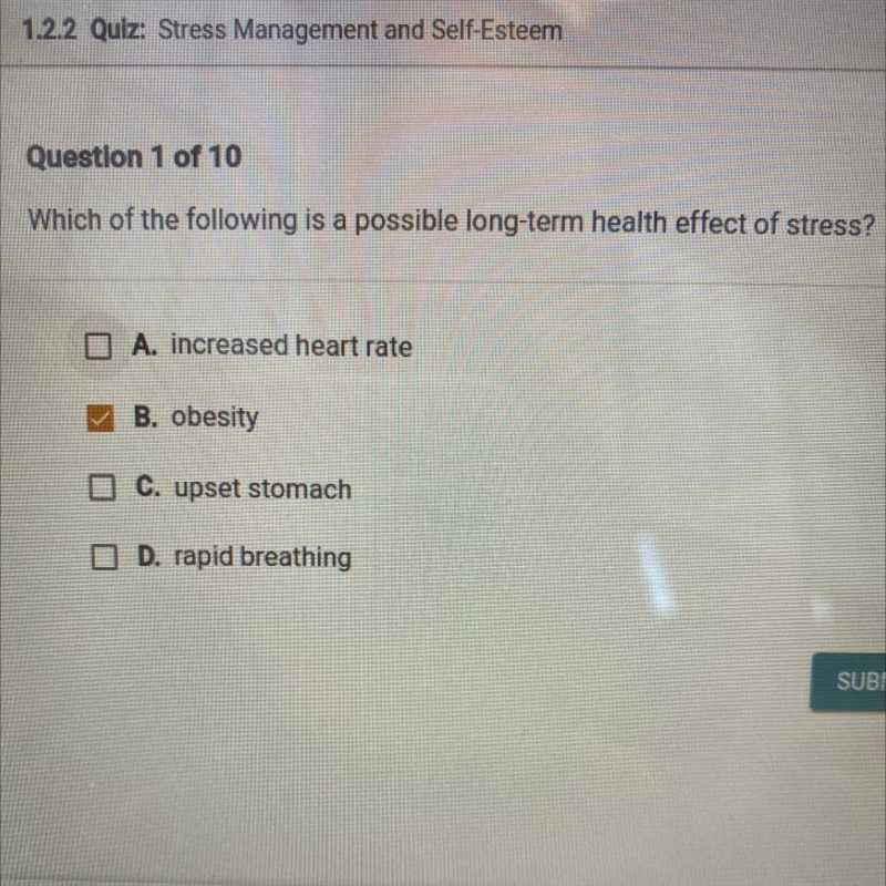 Which of the following is a possible long-term health effect of stress? O A. increased-example-1